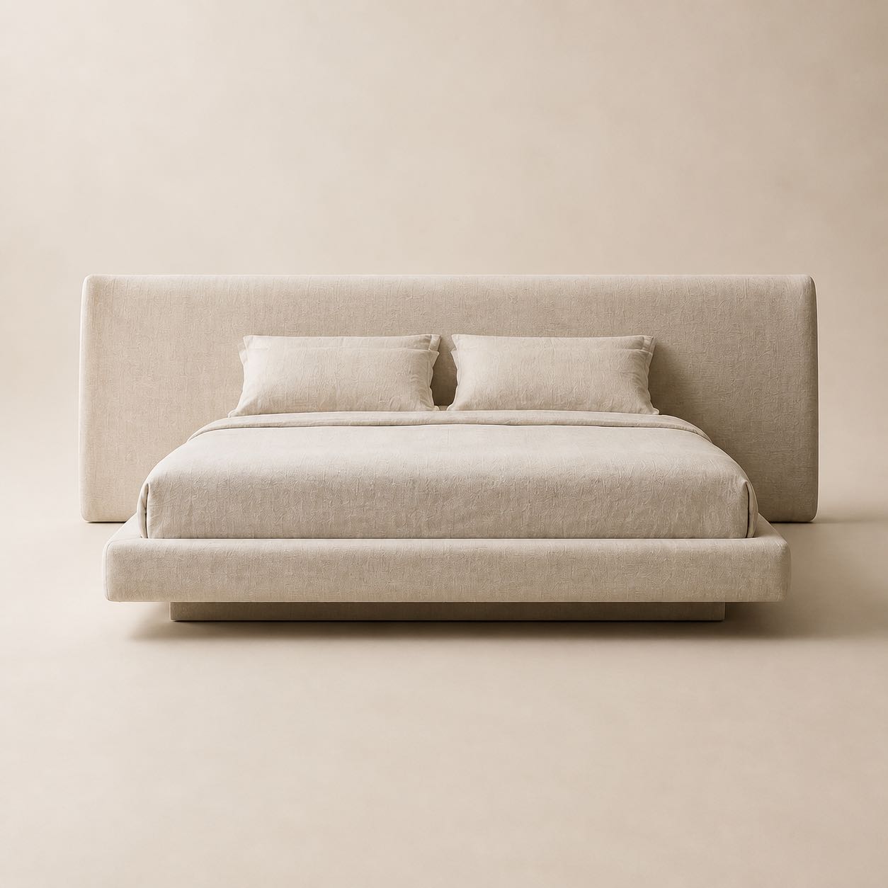 Arno Floating Upholstered Bed — Photoreal concept visual