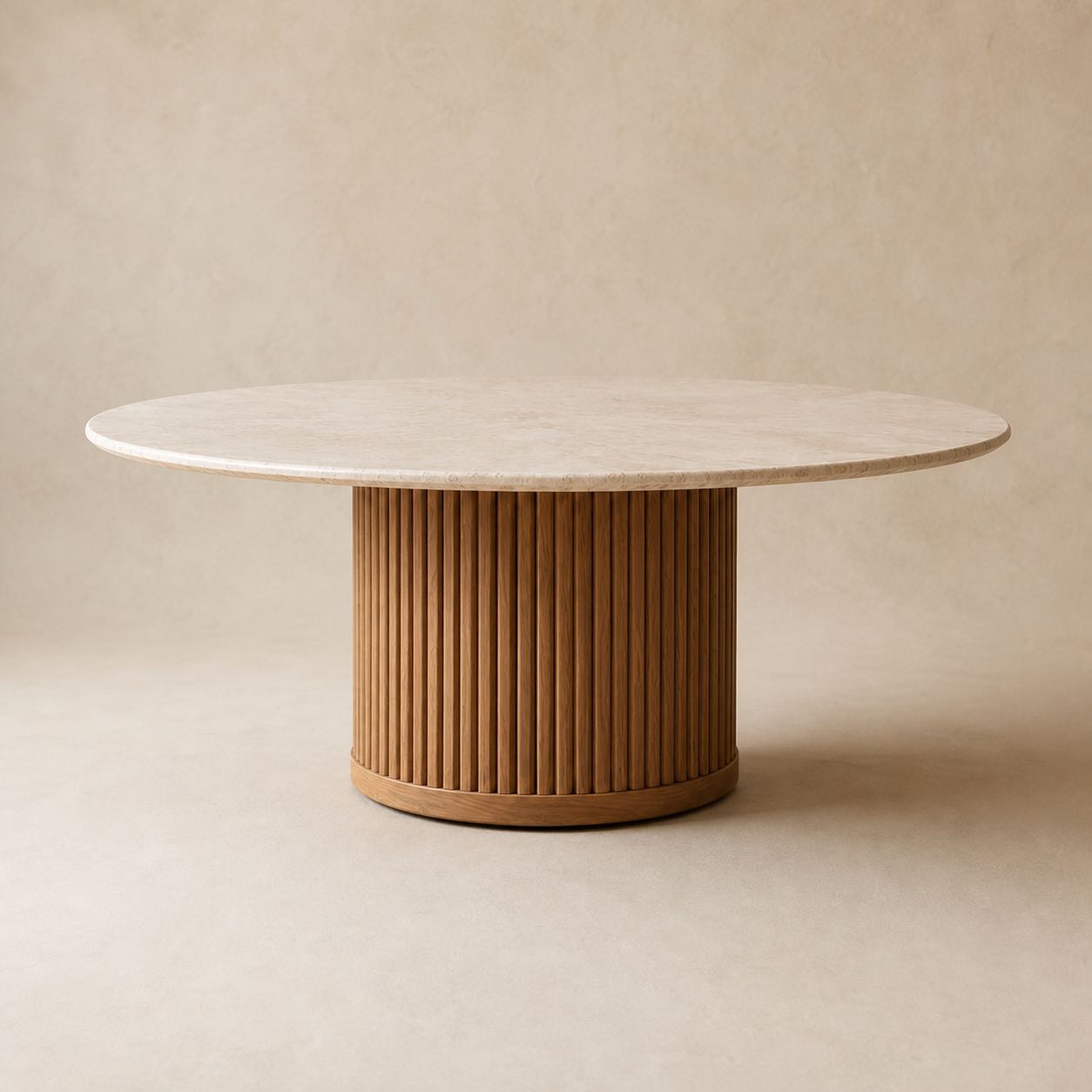 Pienza Stone & Wood Round Table — Photoreal concept visual