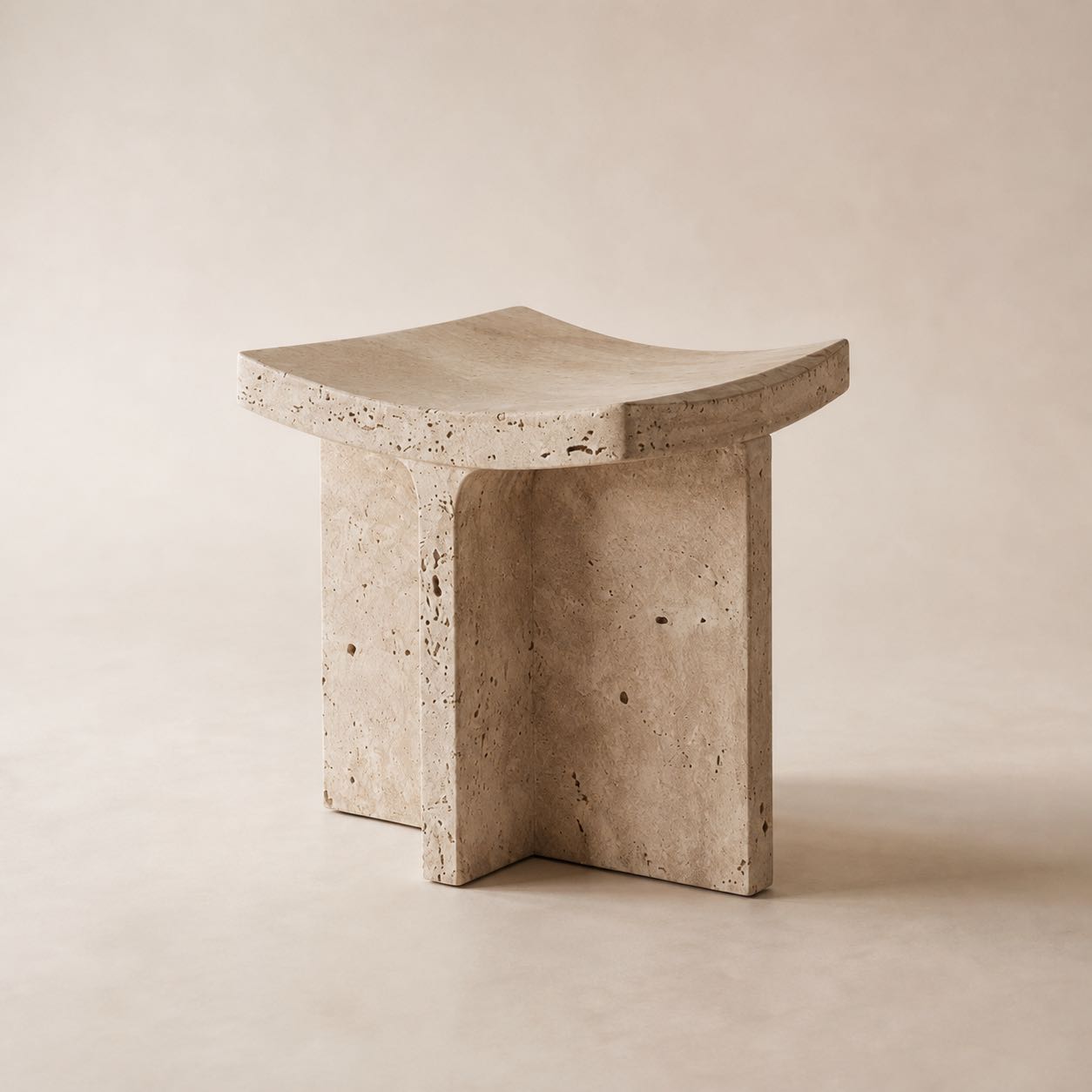 Travertino Saddle Side Table — Photoreal concept visual